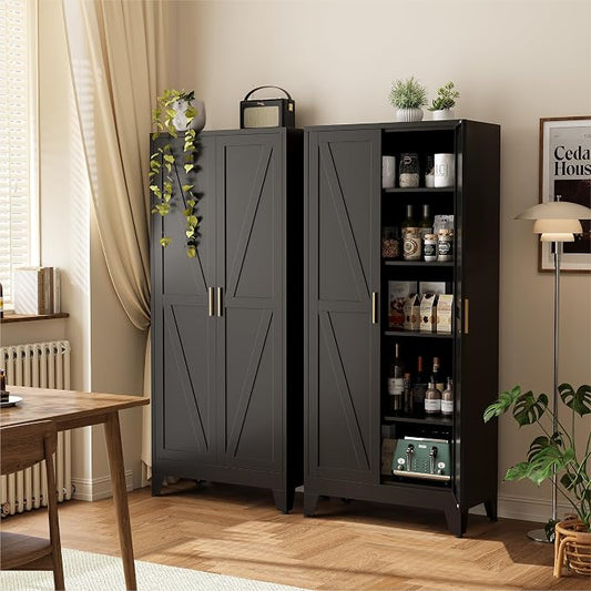 COFaR 71" Modern Pantry Cabinet in Black, 5-Tier Storage Cabinet by COFAR