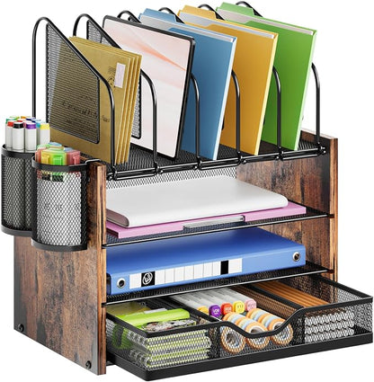 Marbrasse Desk organizer with Drawer, 4-Tier Wooden File Organizer with 5 by Marbrasse
