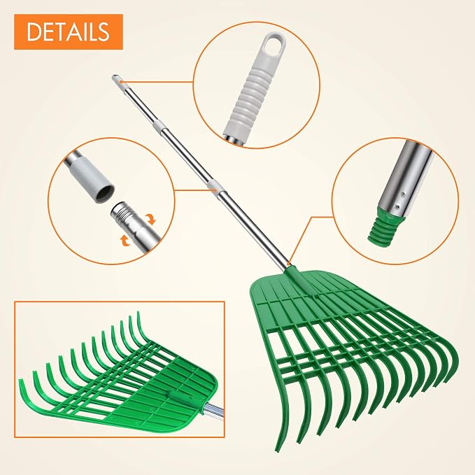 Gardzen 12 Tines Gardening Leaf Rake, Lightweight Steel Handle, Detachable - Image 3
