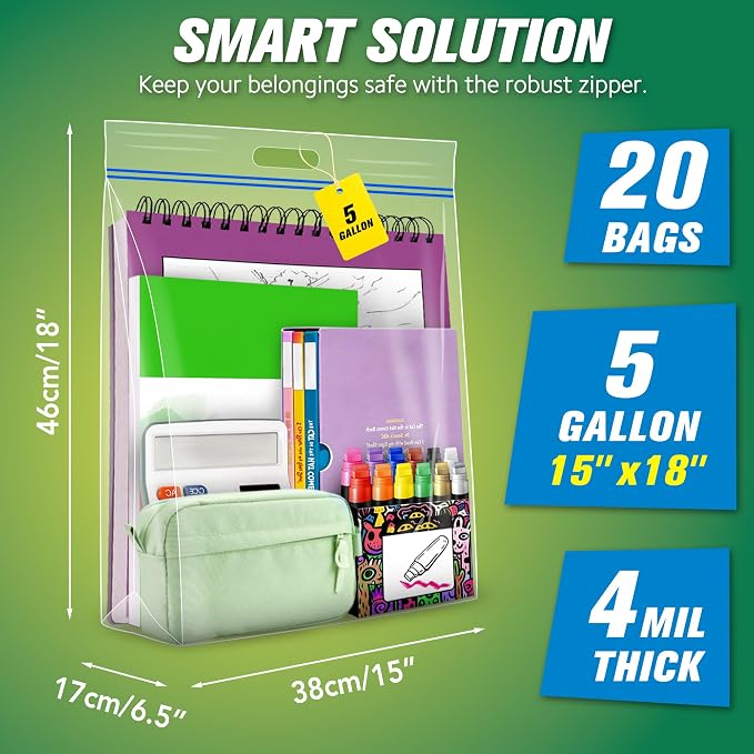 HIBAG 5 Gallon Large Storage Bags, 15” x 18” Resealable Clear Bags - Image 2