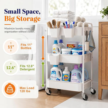 3 Tier Rolling Cart Metal with Wheels, Storage Utility Carts - Image 6