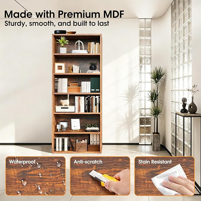 HealSmart 6 Tier Bookcase, Industrial 6 Book Shelf, 9.2" D x 23.8" W x 63" H - Image 5