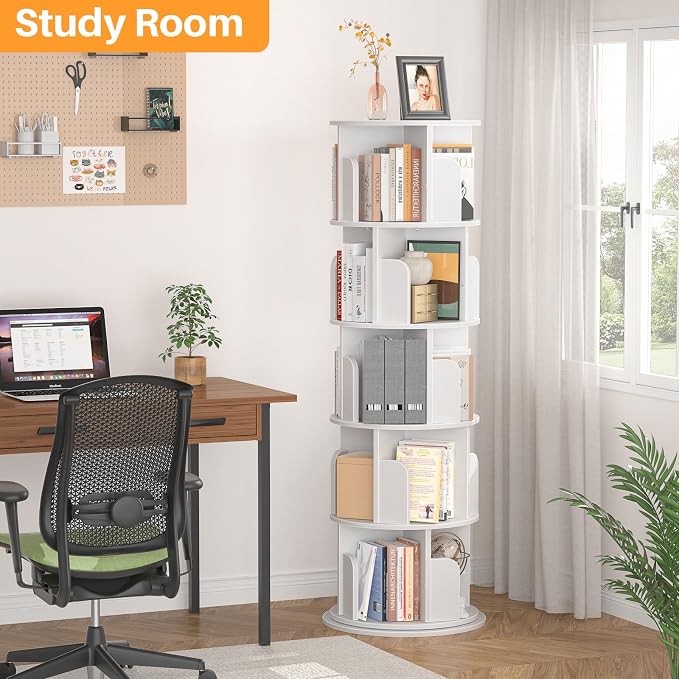 Aheaplus 5 Tier Rotating Bookshelf, Wood Spinning Bookshelf Tower, Round - Image 6