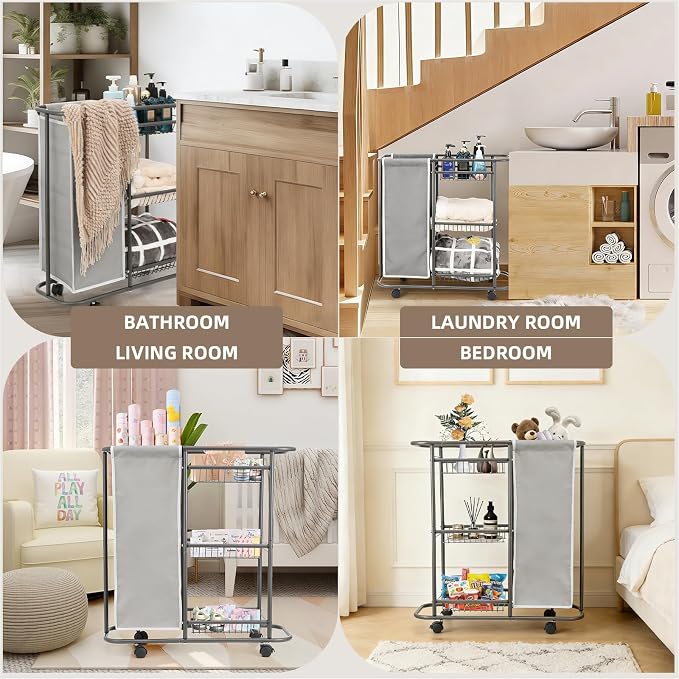 Rolling Laundry Sorter with 3 Storage Baskets and 45 L Bag, 3-Tier Laundry - Image 9