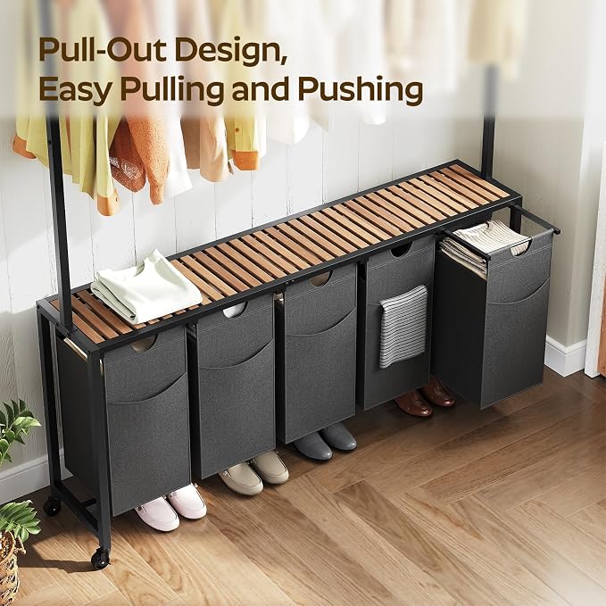 YATINEY Laundry Hamper, Laundry Sorter 5 Section, Rolling Laundry Basket - Image 4