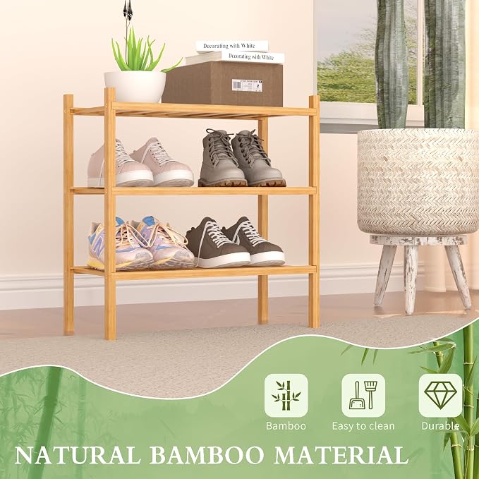 3-Tier Bamboo Small Shoe Rack, Free Standing Wood Shoe Shelf Storage Organizer - Image 4