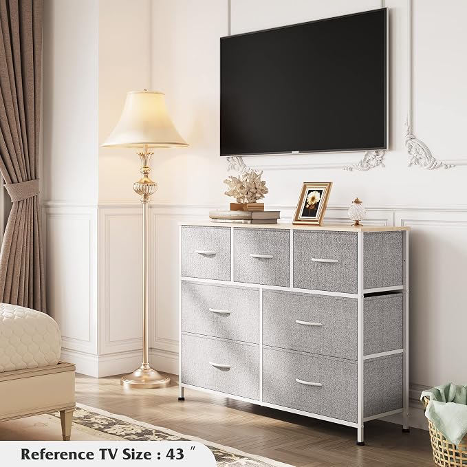 WLIVE Dresser for Bedroom, 7 Drawers, TV Stand, Light Grey | 7 roomy fabric - Image 4