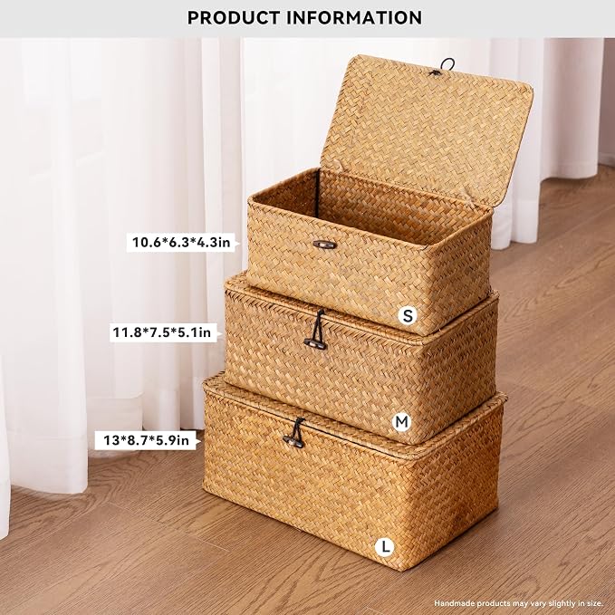 Nonam Storage Basket with Lid, Natural Seagrass Bin with Lid Set of 3, Shelf - Image 2