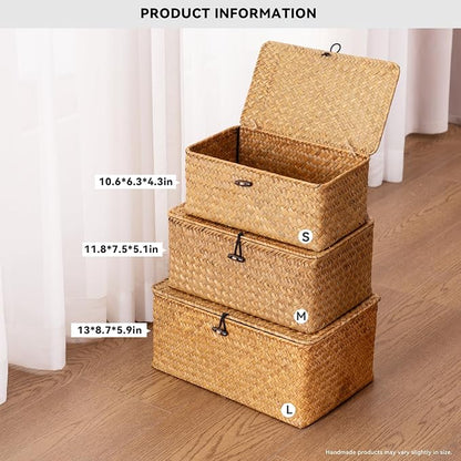 Nonam Storage Basket with Lid, Natural Seagrass Bin with Lid Set of 3, Shelf - Image 2