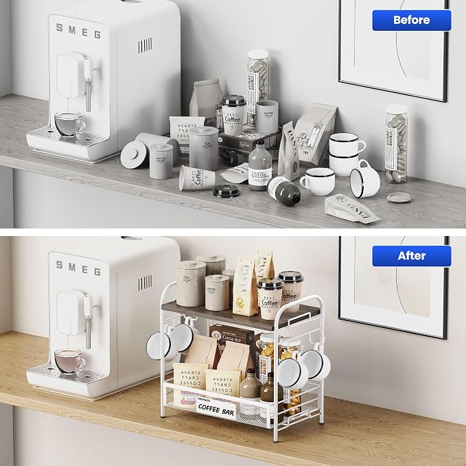 Coffee Bar Organizer for Countertop Station, Simple Assembly 2 Tier Shelf for - Image 4