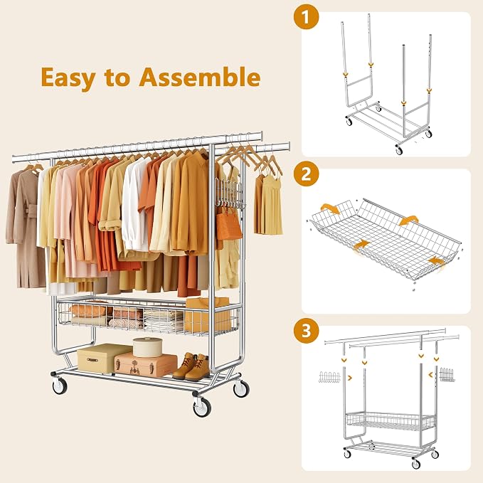 Heavy Duty Clothes Rack with Metal Basket, 720 LBS Rolling Double Rod Garment - Image 6