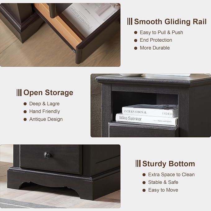 T4TREAM Nightstand with Charging Station, 18 Inch Vintage End Table with 2 - Image 7