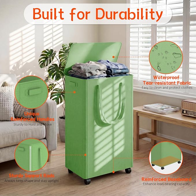 Slim Laundry Hamper with Wheels, 20 Gal Rolling Laundry Basket with lid and - Image 3