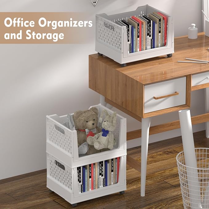 Stackable Plastic Storage Basket, 3 Pack Foldable Closet Organizers and Storage - Image 2