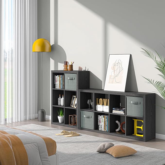 Bookshelf with Storage Bin, 6-Cube Storage Organizer, Modern Wood Open Bookcase - Image 4