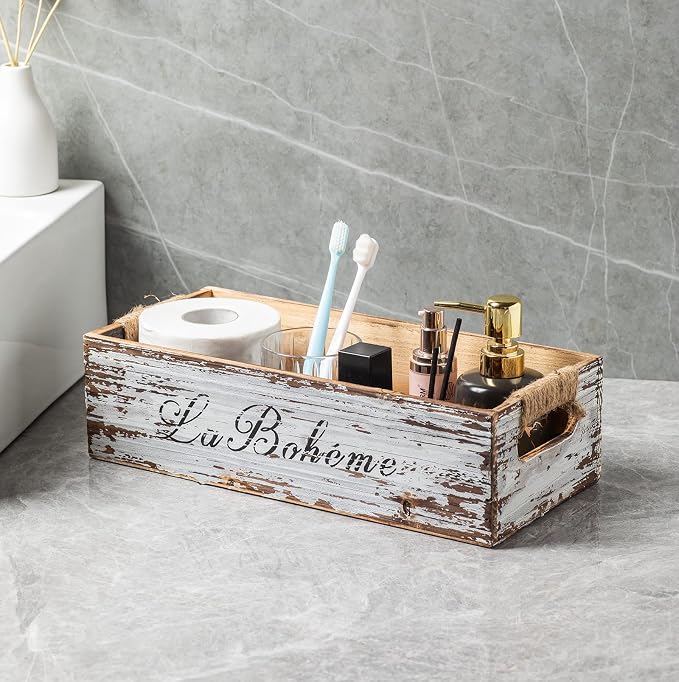 TIMRIS Farmhouse Distressed Wooden Storage Box, Rustic Bathroom Decor Box - Image 9