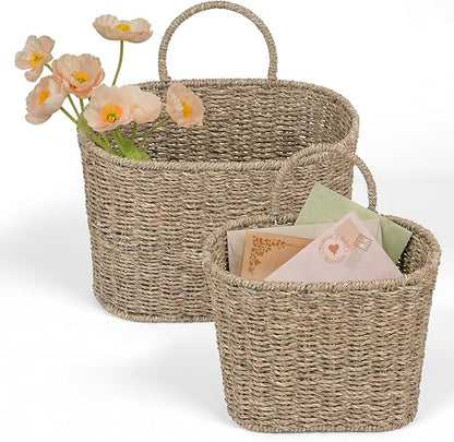 iEGrow Set of 2 Hanging Basket, Wicker Wall Basket Natural Seagrass, Hanging by iEGrow