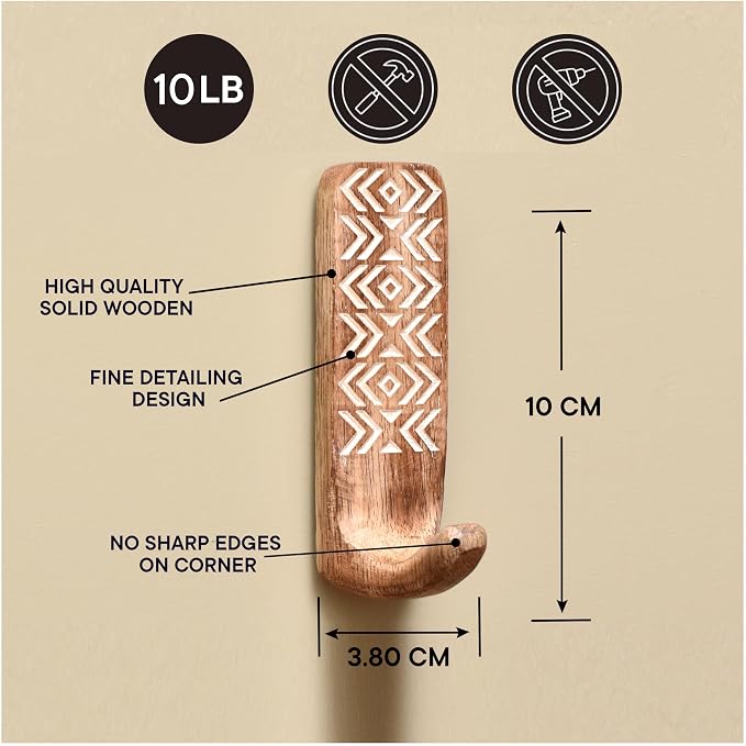 Indian Shelf 3 Boho Wood Adhesive Wall Hooks Peel Stick - Image 7