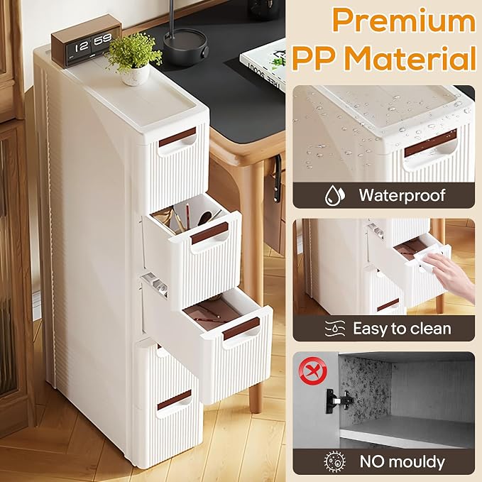 5 Drawers Slim Bathroom Storage Cabinet Dresser, Narrow Plastic Rolling Cart - Image 4