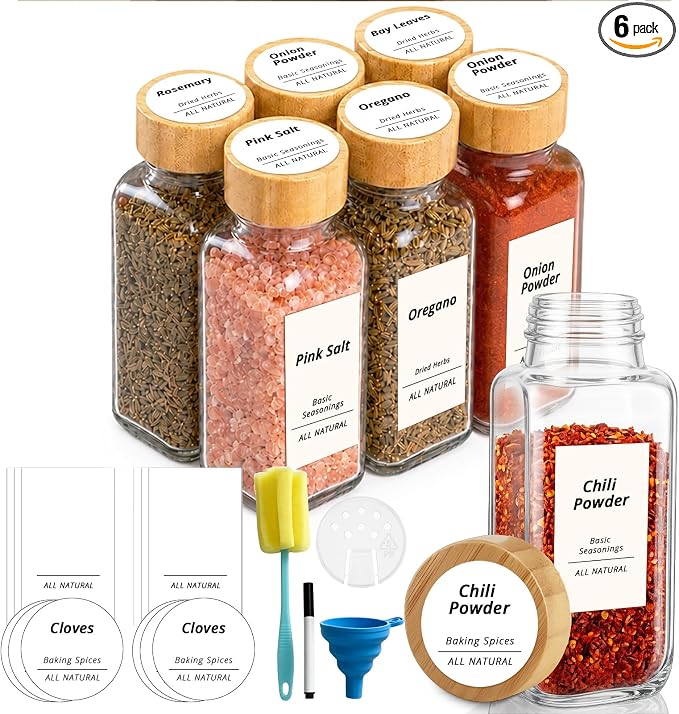 SHOWIN Spice Jars with Label, 8oz Spice Containers with Bamboo Lids 6pcs by Showin