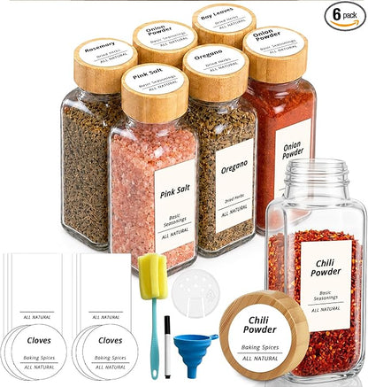 SHOWIN Spice Jars with Label, 8oz Spice Containers with Bamboo Lids 6pcs by Showin