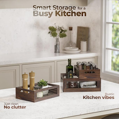 Set of 3 Wooden Nesting Countertop Baskets, Rustic Wood Storage Crates - Image 8