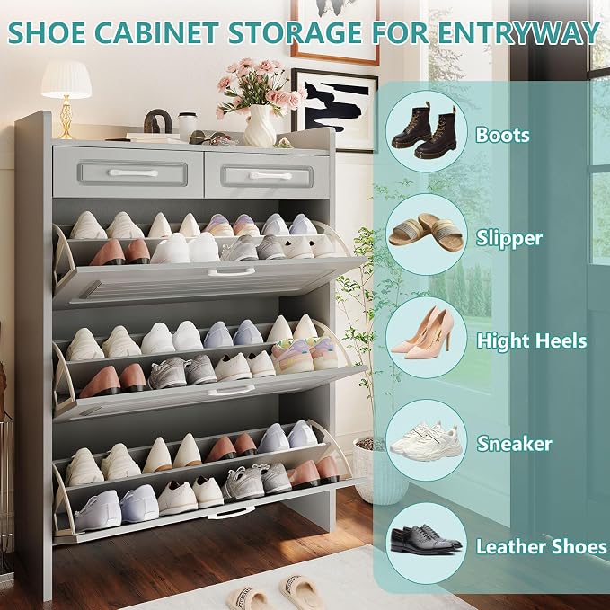 Shoe Cabinet with 3 Large Flip Drawers and 2 Storage Drawers, Narrow Shoe - Image 5
