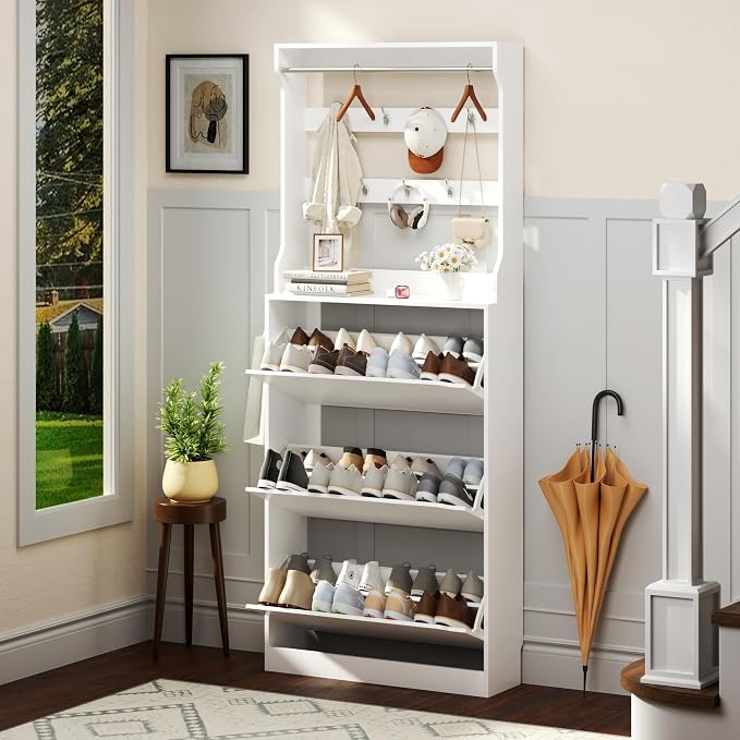 Shoe Cabinet for Entryway with 3 Flip Drawers, Narrow Hidden Slim Freestanding by Xixini