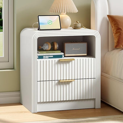 Fluted Nightstand with Charging Station, 19.7'' Wide Morden End Table with by Decofy