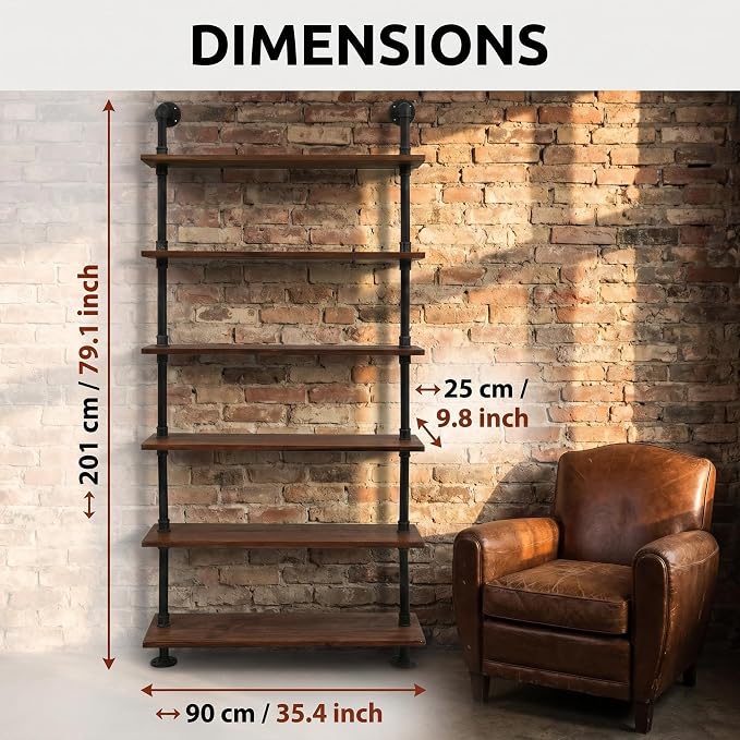 Industrial Pipe Bookshelf, 6 Layer Rustic Modern Wood Ladder Shelf - Image 2