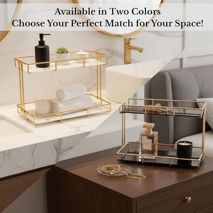 2-Tier Black Marble Bathroom Countertop Organizer – Glass Shelves & Gold Metal - Image 6