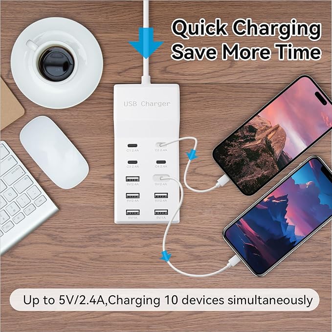 USB Charging Station with 6 USB-A and 4 USB-C Ports, 50W 10A USB Charger Block - Image 2