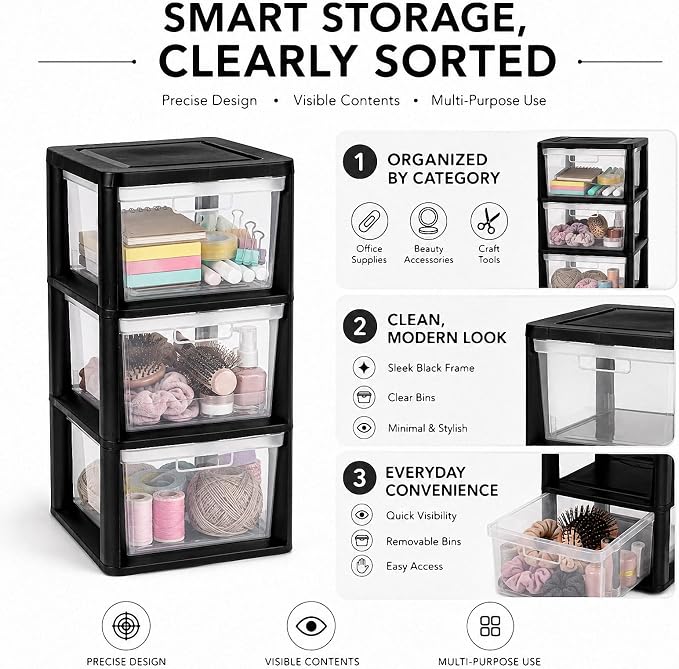 3 Drawer Plastic Storage Tower, 14.9" x 12.6" x 25.3" Medium | Organizer Chest - Image 5