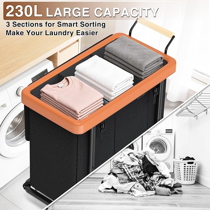 Rolling Laundry Hamper with Wheels, Laundry Hamper 3 Section with Lid, Laundry - Image 4