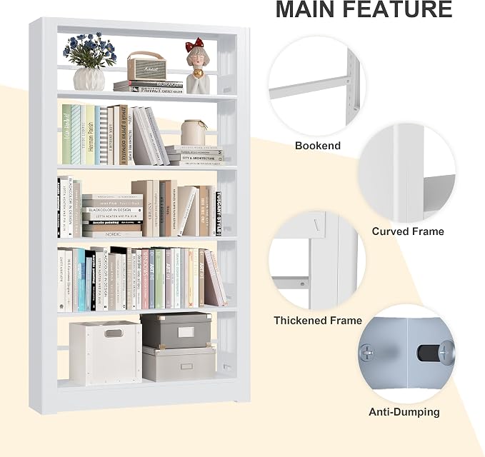 Metal White Bookshelf, 5 Shelf Bookcase, Large Bookshelves and Bookcases - Image 3