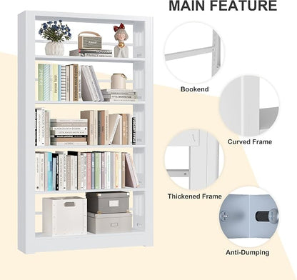 Metal White Bookshelf, 5 Shelf Bookcase, Large Bookshelves and Bookcases - Image 3
