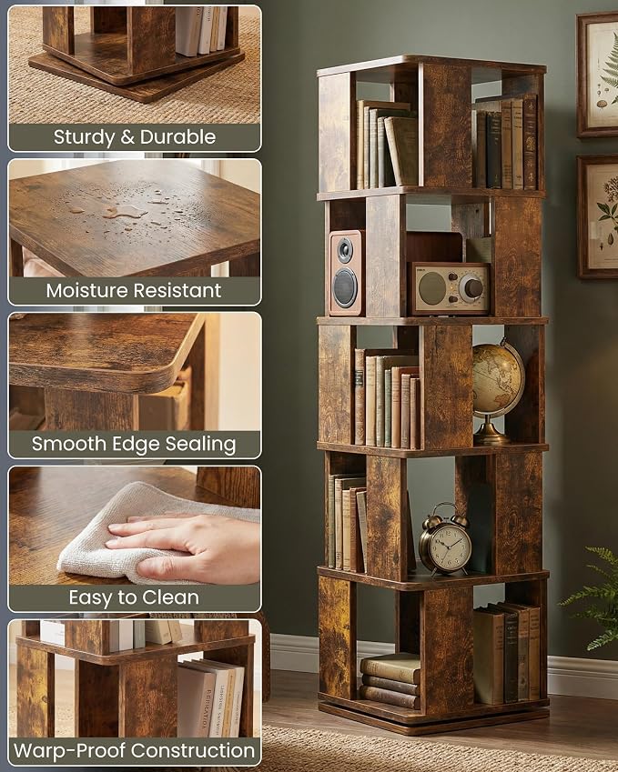 5-Tier Rotating Bookshelf Tower, 360° Square Spinning Book Shelf | Floor - Image 3