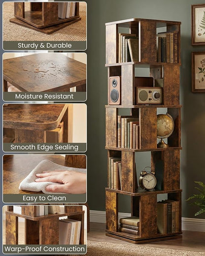 5-Tier Rotating Bookshelf Tower, 360° Square Spinning Book Shelf | Floor - Image 3