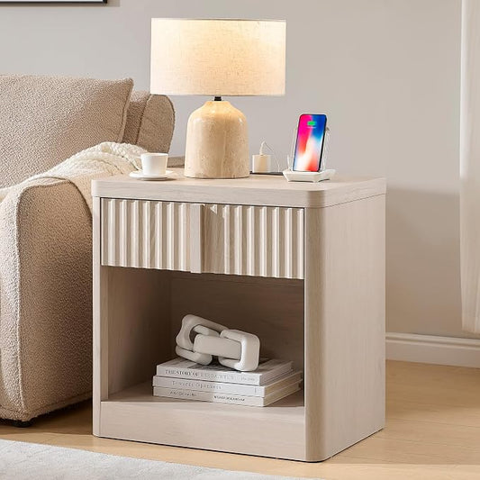 Fluted Nightstand with Charging Station, 23.6" End Table with Open Shelf and by YANSNWO