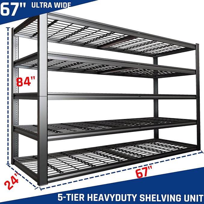 67" Wide 5-Tier Garage Shelving Unit, Heavy Duty Garage Storage Shelves - Image 2