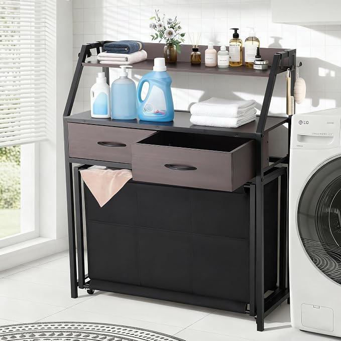 Laundry Hamper with Shelf, 2 Tier Rolling Laundry Hamper 3 section, Laundry - Image 3