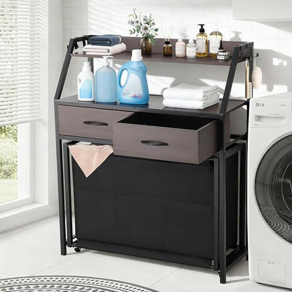 Laundry Hamper with Shelf, 2 Tier Rolling Laundry Hamper 3 section, Laundry - Image 3