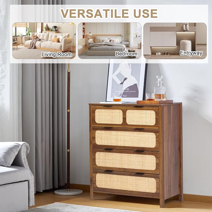 4 Drawer Dresser with Rattan Finish, Modern Farmhouse Chest of Drawers with - Image 7