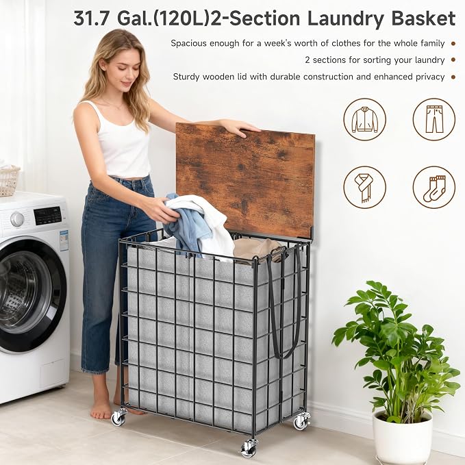 Laundry Basket with Wheels, Heavy Duty Laundry Sorter 2 Sections, 120L Large - Image 6