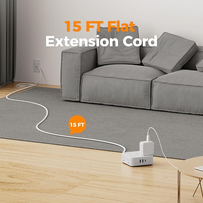 Surge Protector Power Strip, TESSAN 15 FT White Extension Cord Flat Plug - Image 2