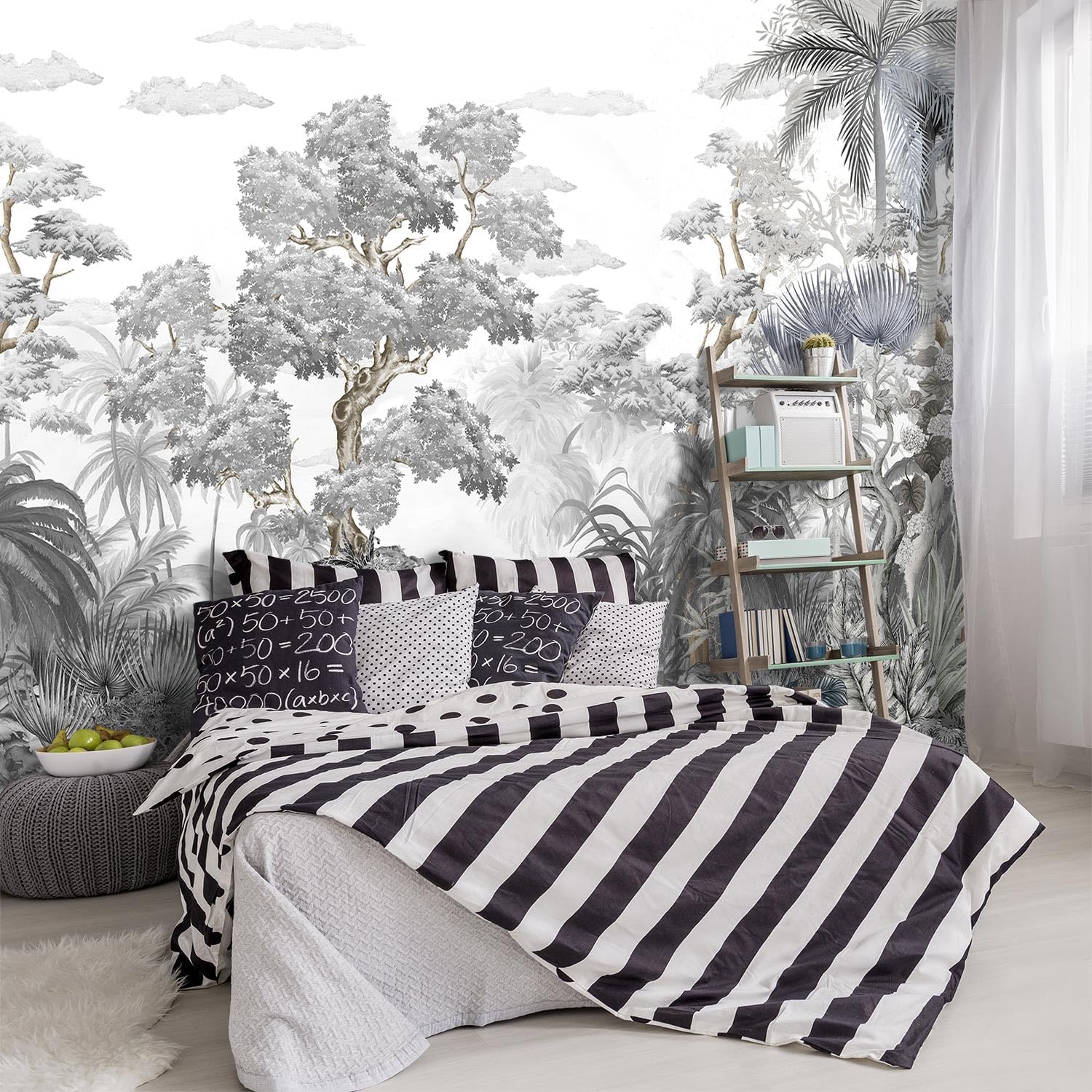 -Tropical Rainforest Botanical Grey Jungle Forest Fabric Wallpaper Living Room Palm Leaf Plant Bedroom Bathroom Wall Mural- 91"x65"（ not Peel and Stick）