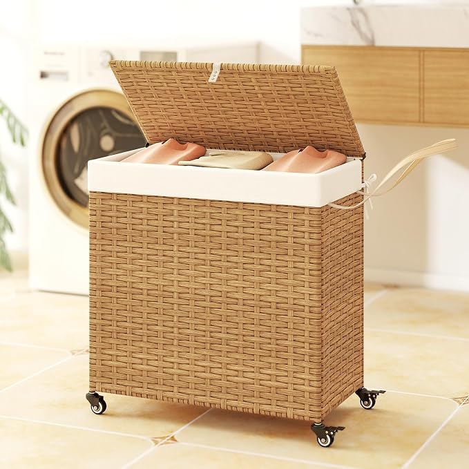 Giantex Laundry Hamper w/Wheels, 3 Section Hamper 125L w/2 Removable Liner Bags - Image 2