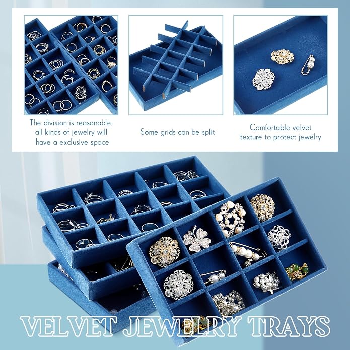 Junkin 12 Pcs Jewelry Tray Velvet Stackable Jewelry Organizer Trays Divided - Image 4