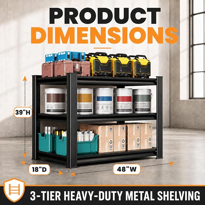SAWJEC 39" H x 48" W x 18" D Heavy Duty Garage Storage Shelves | 3 Tier Metal - Image 2