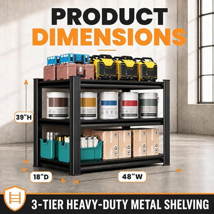 SAWJEC 39" H x 48" W x 18" D Heavy Duty Garage Storage Shelves | 3 Tier Metal - Image 2